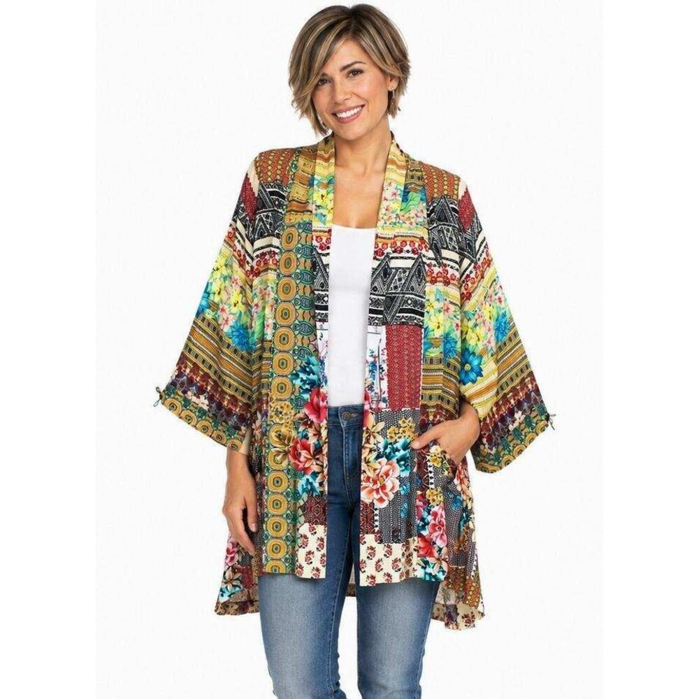 NWT Johnny Was L Biza Kimono Sleeve Open Jacket Pockets Colorful